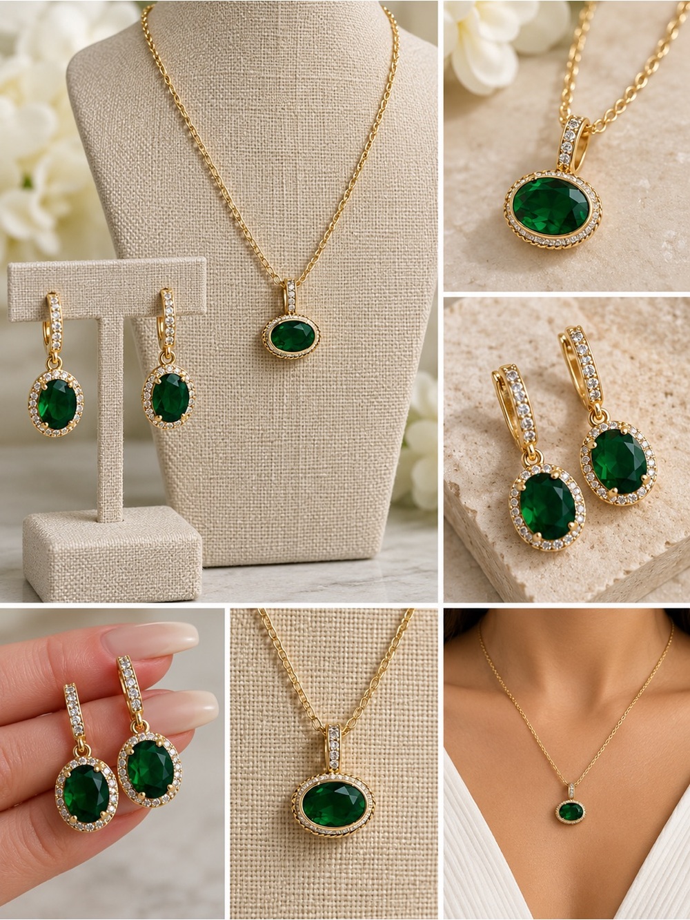 Emerald Green 14kt gold plated necklace and earrings set. 16-18” chain